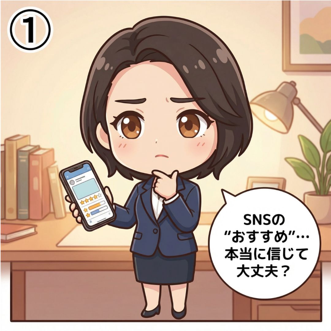 美容医療ライター西村麻衣がスマホでSNSの美容クリニックおすすめ投稿を見て疑問を感じる港区クリニック選び漫画イラスト