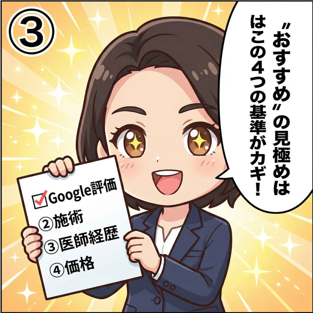 元カウンセラー西村麻衣がおすすめ美容クリニックを見極める4つの基準チェックリストを掲げる漫画イラスト