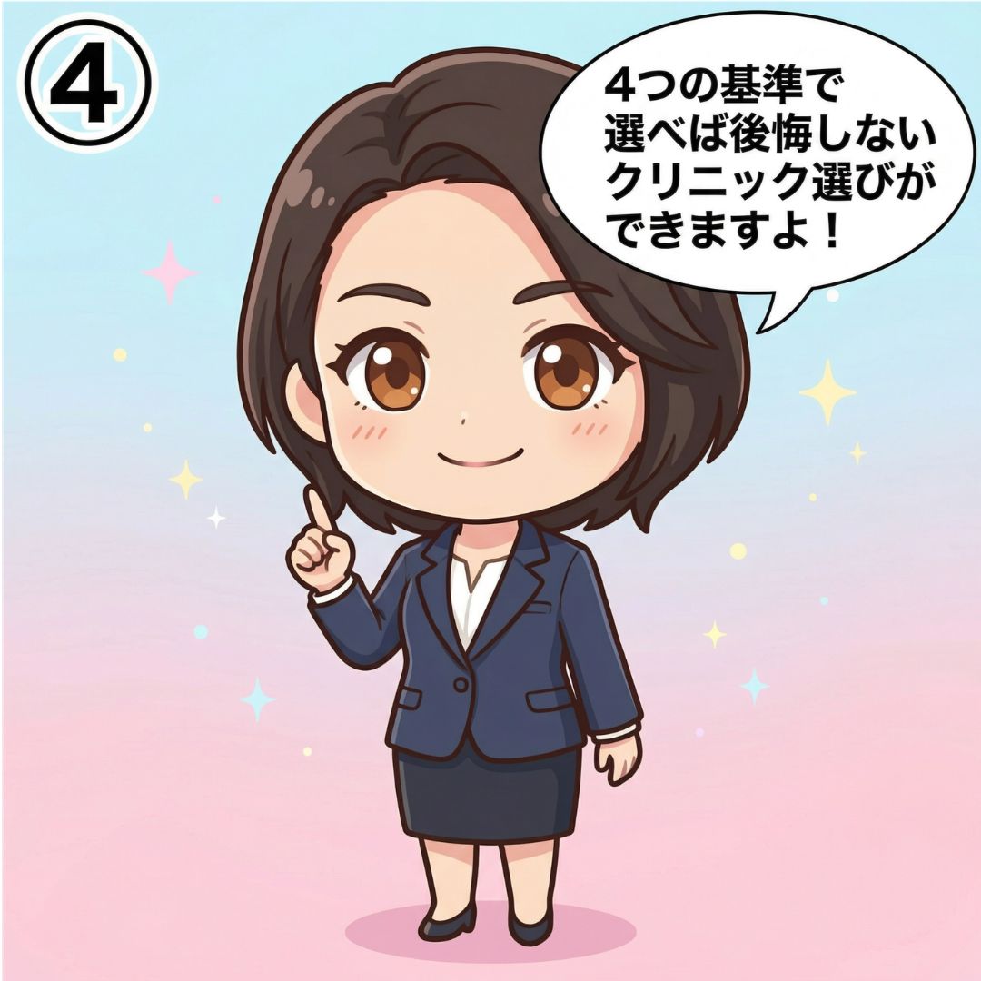 西村麻衣が港区の美容クリニック選びで後悔しないための4つの基準を読者に伝える漫画イラスト