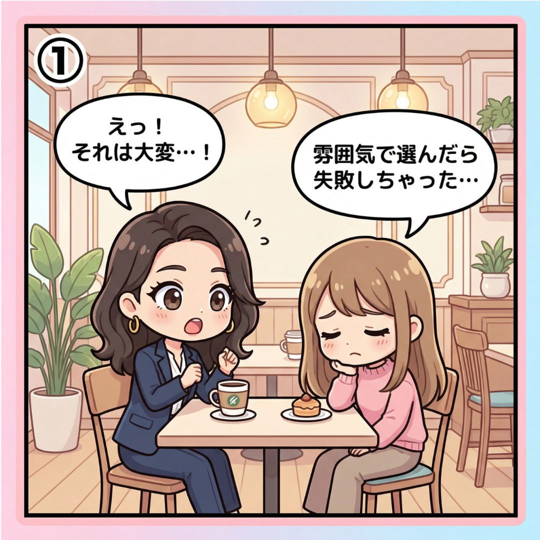 美容医療ライター西村麻衣がカフェで友人から港区の美容クリニック選びで失敗した体験を聞いて驚く漫画イラスト