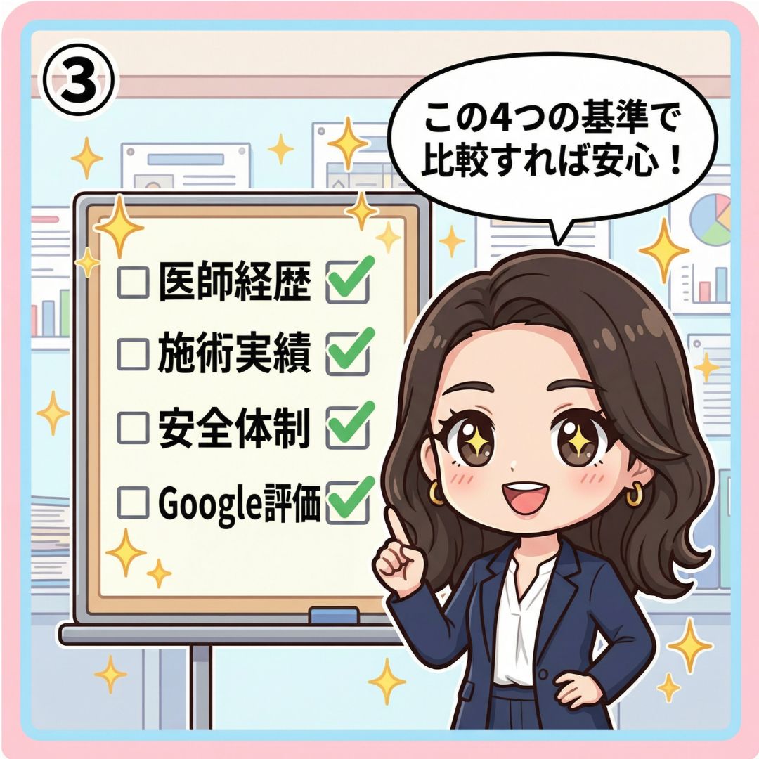 西村麻衣が医師経歴・施術実績・安全体制・Google評価の4つの比較基準を発見して解説する漫画イラスト