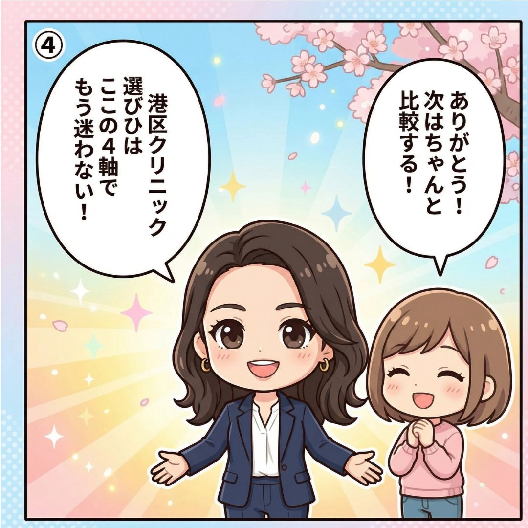 西村麻衣が港区の美容クリニック選びは4軸比較で安心と友人にアドバイスする漫画イラスト