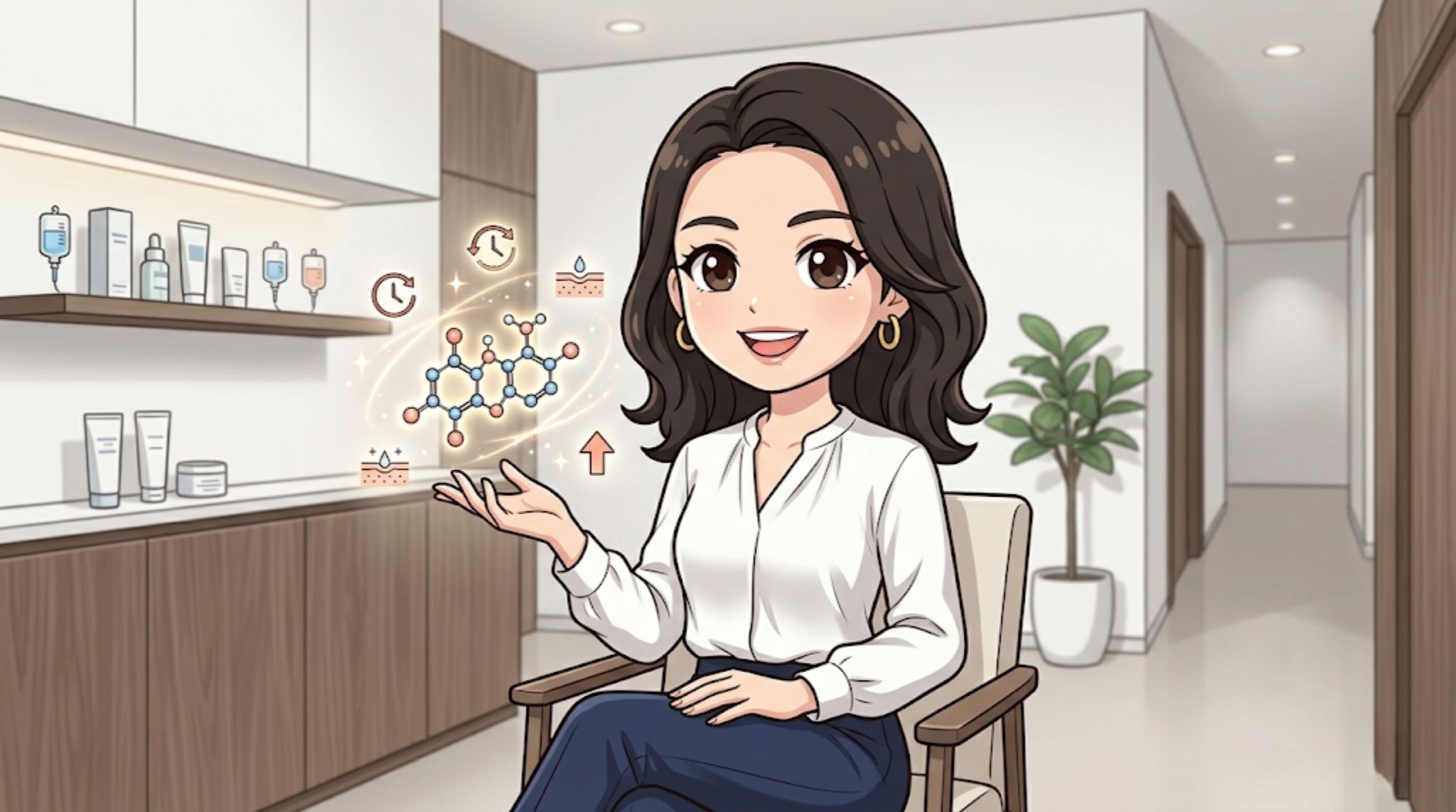NAD+点滴の効果と細胞修復の仕組みを解説する記事のアイキャッチ。分子構造モデルを指差し、エイジングケアを提案する美容クリニックの女性スタッフのイラスト