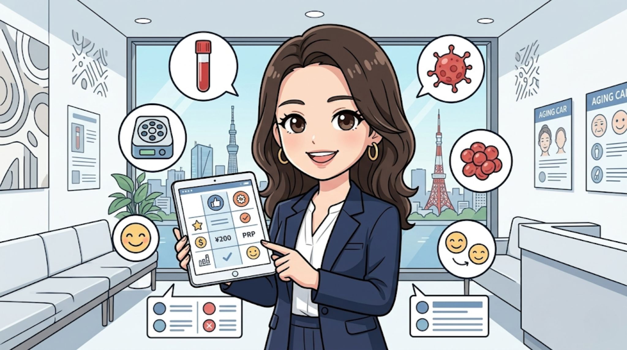 東京でのPRP皮膚再生療法の仕組みと効果を解説するガイド記事。タブレットで治療プランを案内する女性スタッフと、血液抽出・細胞活性化のプロセスを描いたイラスト