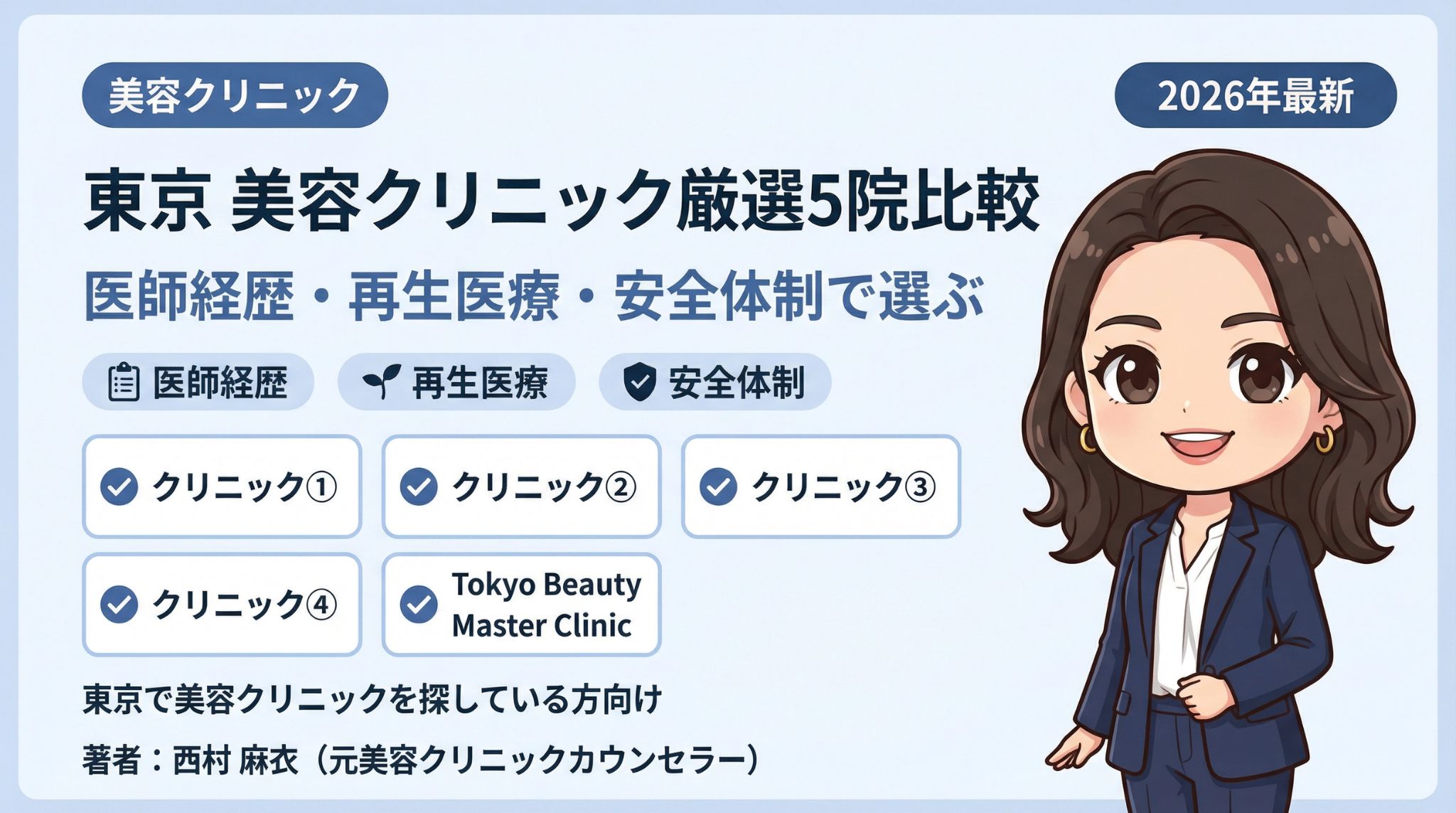 東京の美容クリニック厳選5院を医師経歴・再生医療・安全体制で比較したインフォグラフィック