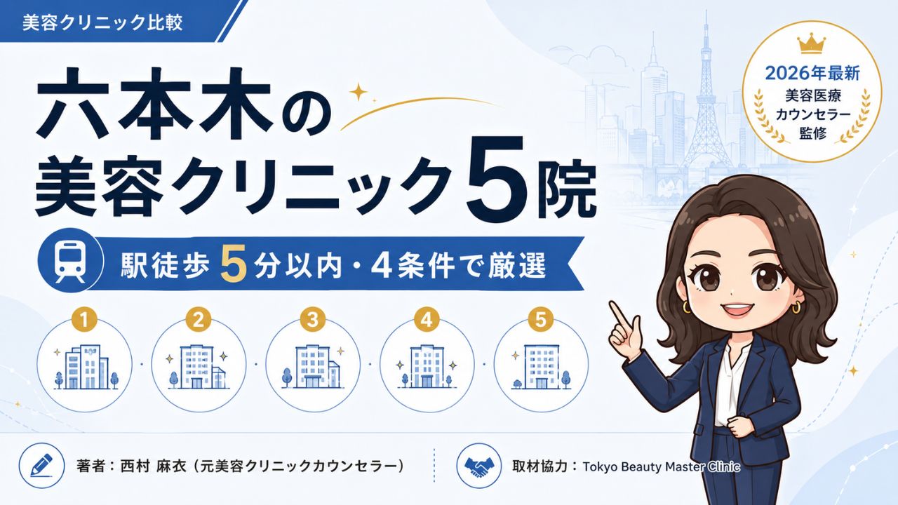 六本木の美容クリニックおすすめ5院の比較インフォグラフィック｜駅徒歩5分以内・4条件で厳選