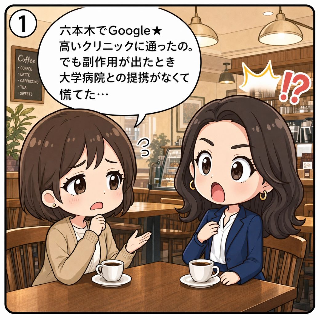 美容医療ライター西村麻衣がカフェで友人から、六本木でGoogle評価★が高いクリニックを選んだのに副作用が出たとき大学病院提携がなく慌てた失敗談を聞いて驚く漫画イラスト