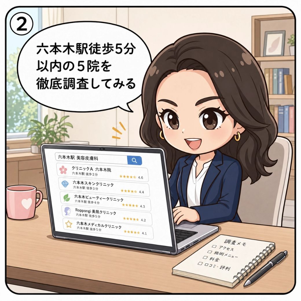 元クリニックカウンセラーの西村麻衣がノートパソコンで六本木駅徒歩5分以内の美容クリニック5院を再生医療届出・医師経歴・大学病院提携・Google評価で徹底調査する漫画イラスト