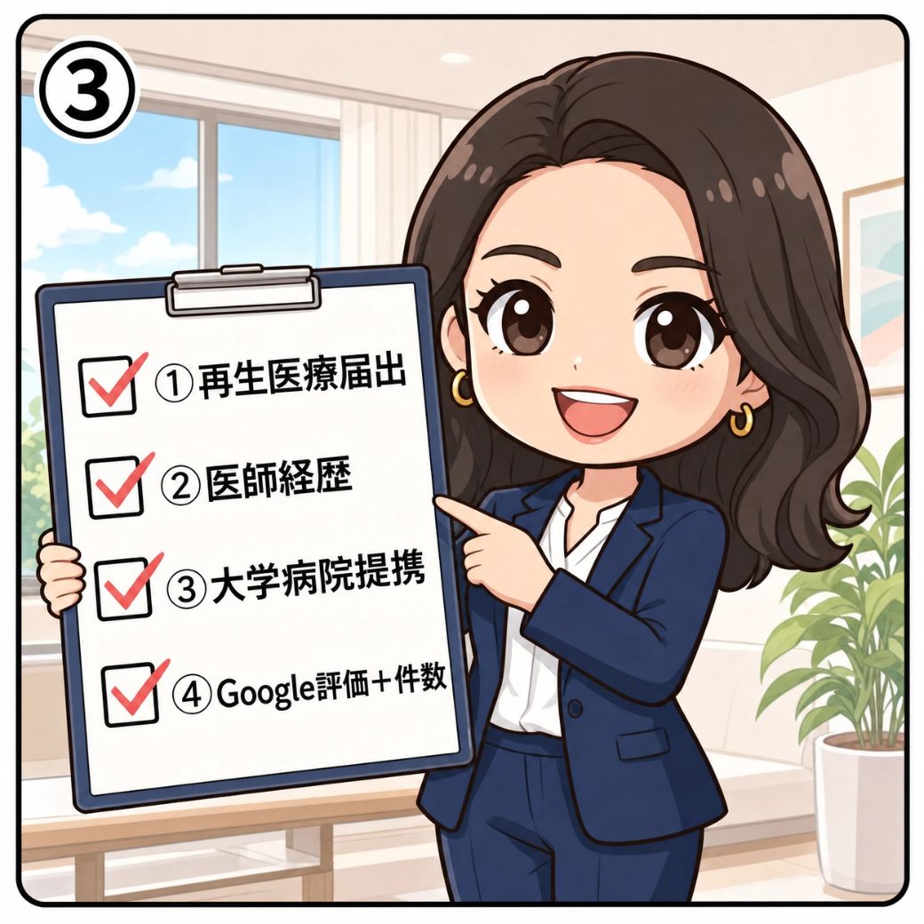西村麻衣が六本木で美容クリニックを選ぶ4条件チェックリスト（再生医療等提供計画の厚労省届出・院長の専門医資格と経歴・大学病院との具体的な提携・Google評価★と口コミ件数）を掲げて解説する漫画イラスト