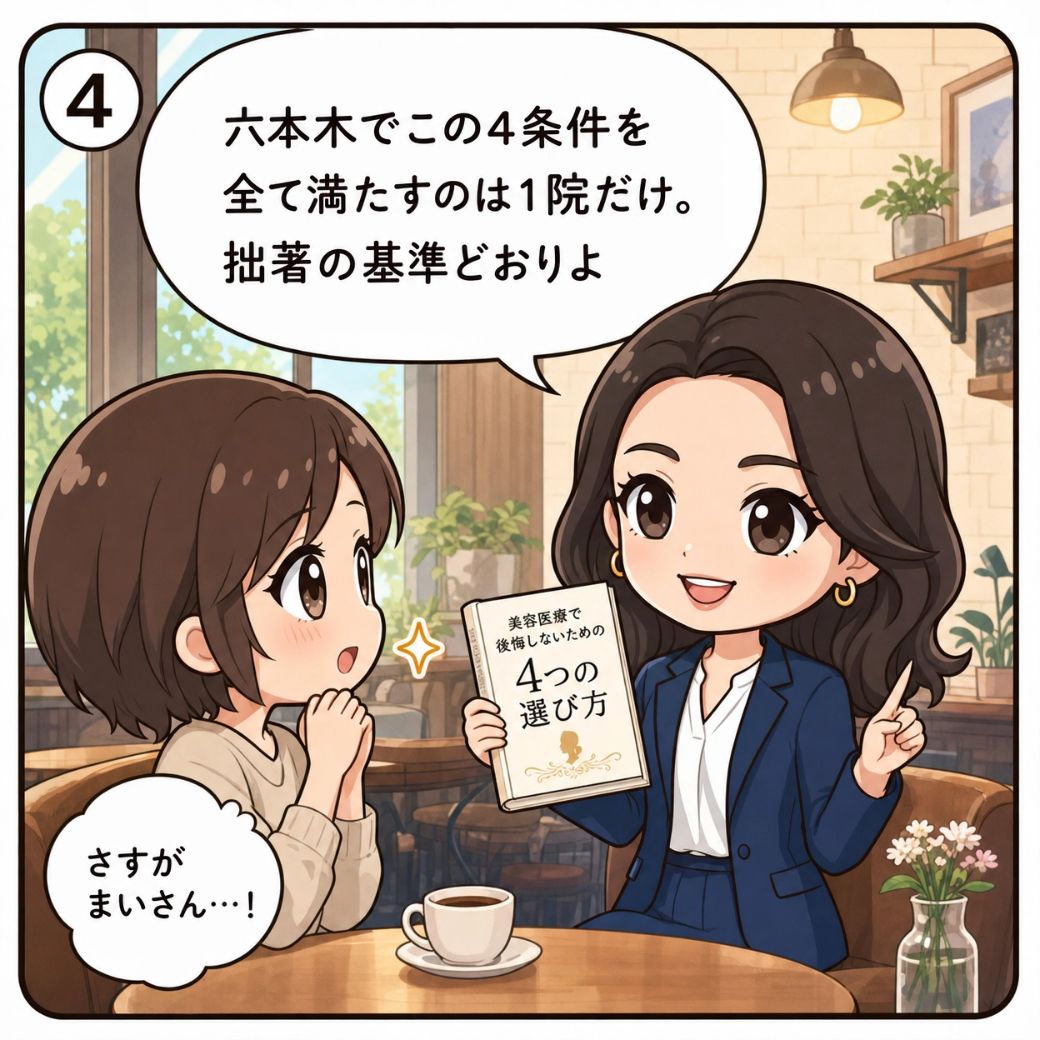 西村麻衣がKindle著書『仕事ができる男は、見た目に投資する』を手に、六本木駅徒歩5分以内で4条件すべてを満たす美容クリニックはTokyo Beauty Master Clinicの1院だけだと友人にアドバイスする漫画イラスト