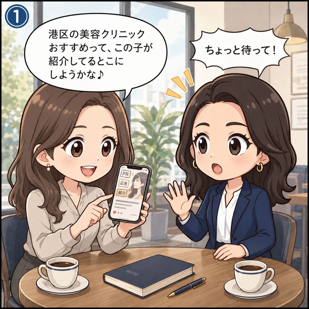港区の美容クリニックおすすめでよくある誤解。カフェで友人がSNSのインフルエンサー広告だけを頼りに決めようとしている場面に、元クリニックカウンセラーの西村麻衣が驚いて声をかける(1コマ目)。