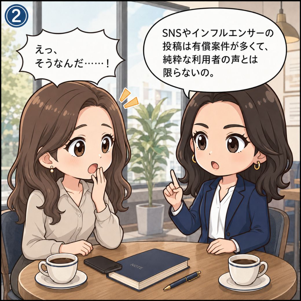 港区の美容クリニックおすすめ選びの落とし穴を回避するため、SNS広告やインフルエンサーの投稿は有償案件が多く純粋な利用者評価ではないと、西村麻衣がカフェで友人にきっぱり注意を促す(2コマ目)。