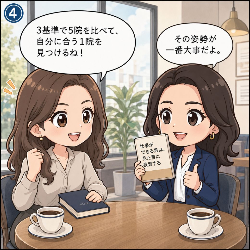 港区の美容クリニックおすすめ選びの始め方として、3基準で港区5院を絞り込み目的別に自分に合った1院をカウンセリングで見極める方法を、西村麻衣が友人に拙著を手にして自信を持って伝え応援する(4コマ目)。