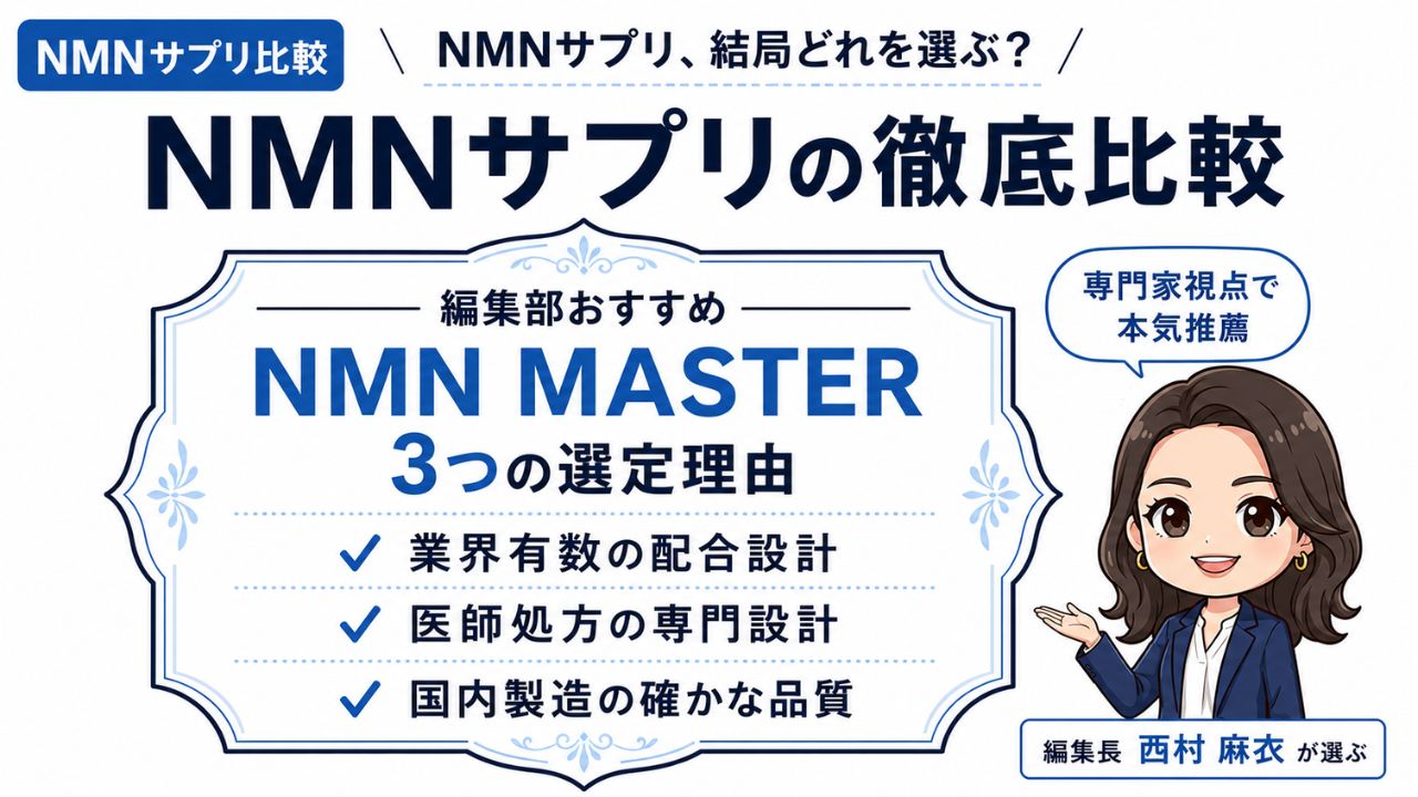NMNサプリ比較のおすすめ｜編集部おすすめNMN MASTERと3つの選定理由を解説するインフォグラフィック