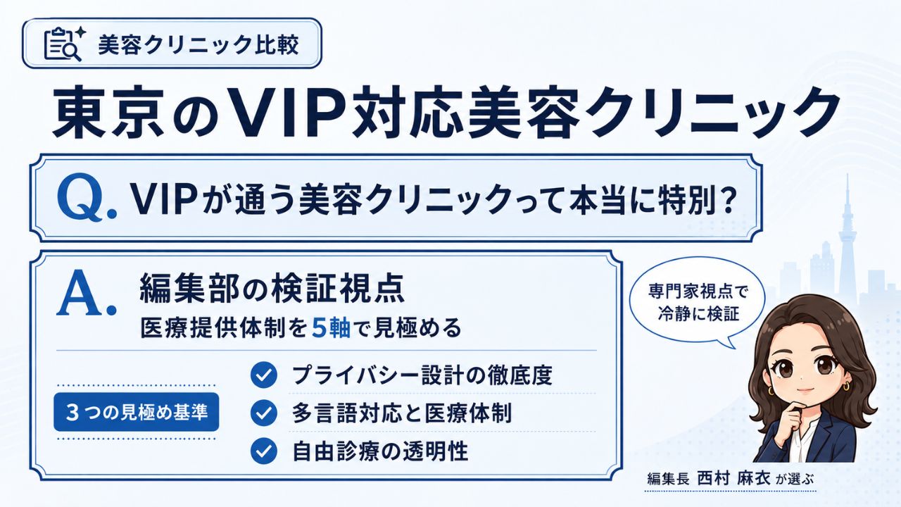 VIPが通う東京の美容クリニック｜医療提供体制を5軸で見極める3つの基準を編集部視点で解説するインフォグラフィック